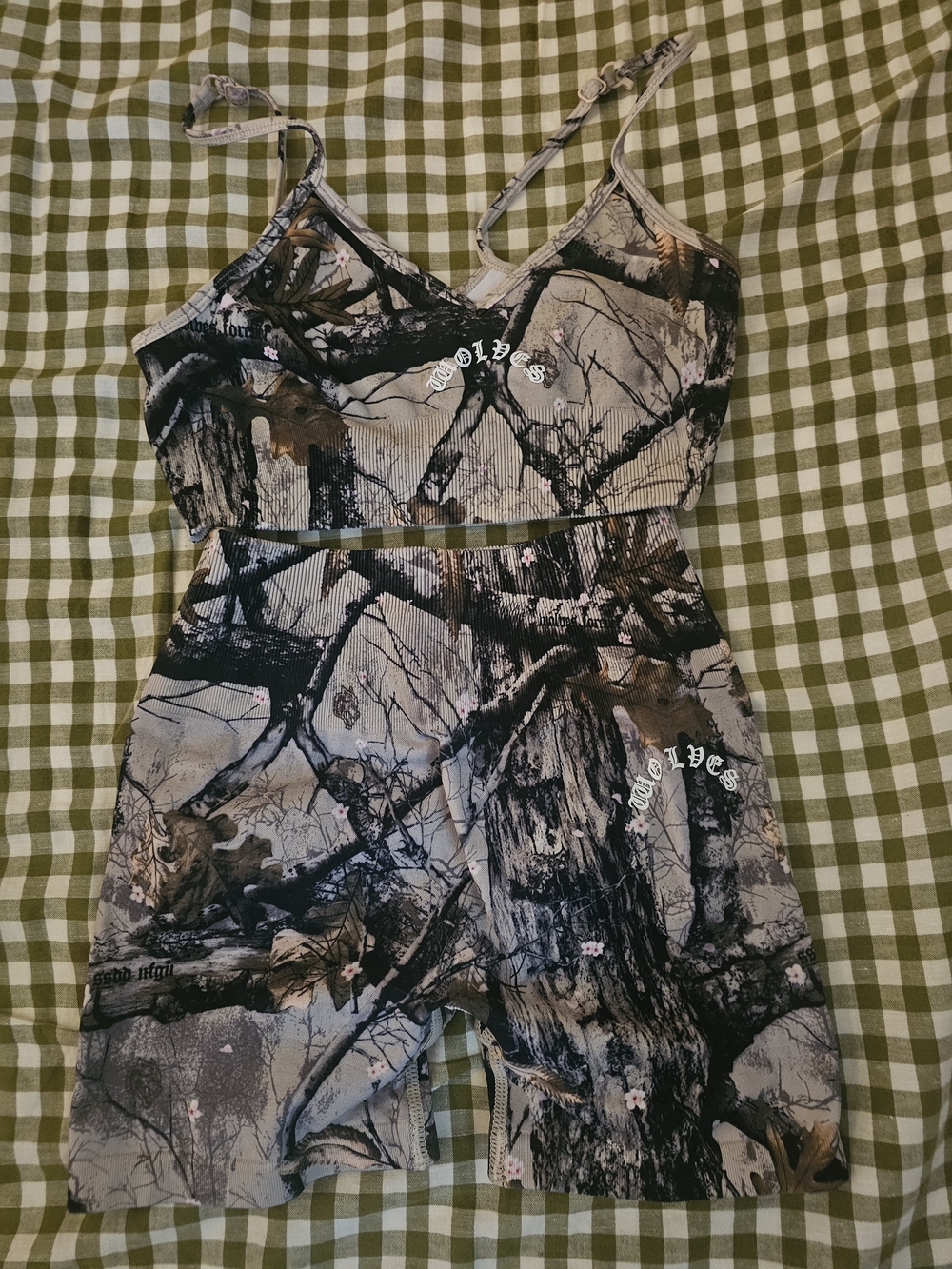 Darc Sport Gray Black Camouflage Print Sports Bra and Shorts Set